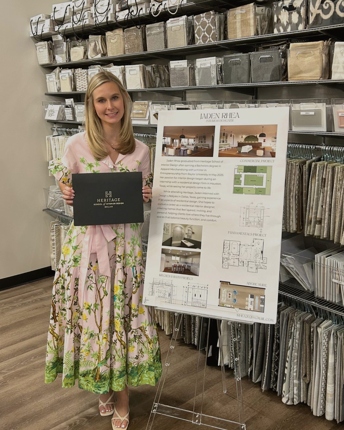 Completed interior design portfolio presentation showing a finished room scheme prepared for professional review