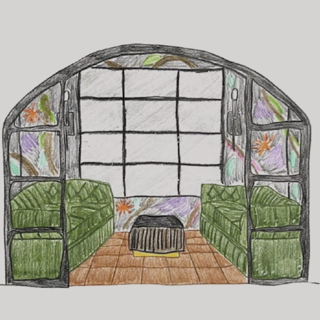 Hand-drawn interior sketch by HSID Dallas graduate Eric Soncrant